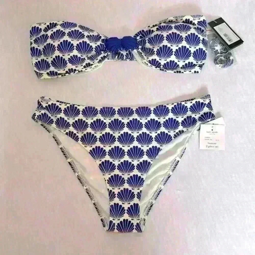Kate Spade NWT Bikini Set Blueberry Colored Shells on a White Background Size M